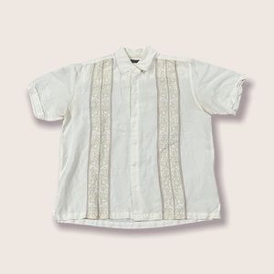 Cubavera White and Beige Embroidered Short Sleeve Button Down Shirt Sz Large